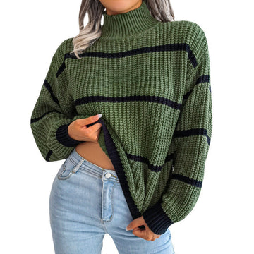 Women's contrast color half turtleneck knitted pullover sweater