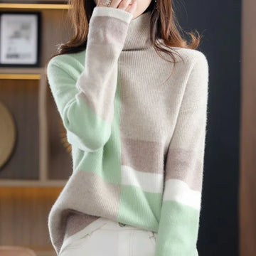 Women's high neck color blocking slouchy sweater